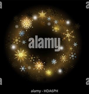 circle of gold and white snowflakes on a black background. Stock Vector
