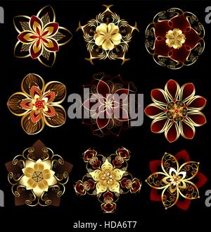 set of abstract, jewelry, gold, stylized flowers on a black background. Stock Vector