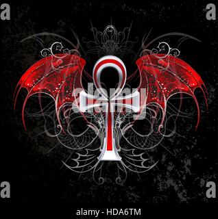 silver ankh vampire with red wings on a black background. Stock Vector