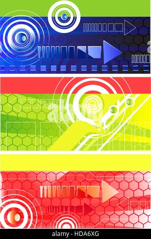 Three horizontal technology banner with red, dark blue and green background, with a cellular pattern, symbols and arrows abstract circles. Stock Vector