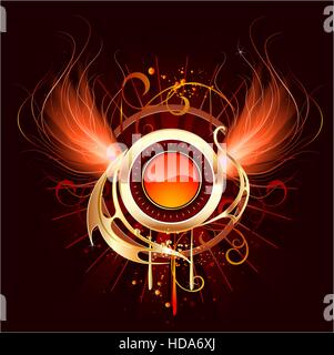 artistically painted, red-hot round banner with fiery wings phoenix on a black background. Stock Vector