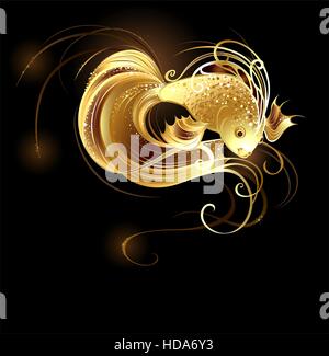 royal goldfish with a long tail and sparkling scales on a brown background. Stock Vector