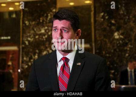 New York, Us. 09th Dec, 2016. Speaker of the United States House of Representatives Paul Ryan (Republican of Wisconsin) speaks with the press after meetings with US President-elect Donald Trump, in the lobby of the Trump Tower, New York, New York, December 9, 2016. Credit: Aude Guerrucci/Pool via CNP - NO WIRE SERVICE - Photo: Aude Guerrucci/Consolidated/dpa/Alamy Live News Stock Photo