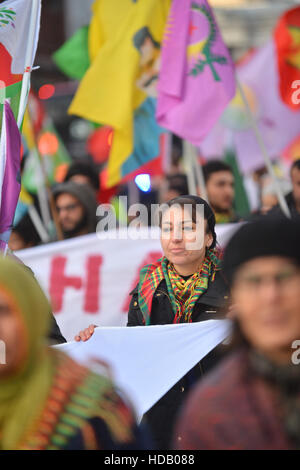 Whitehall, London, UK. 11th December 2016. Kurdish people protesting against repression in Turkey march in London. Credit:  Matthew Chattle/Alamy Live News Stock Photo