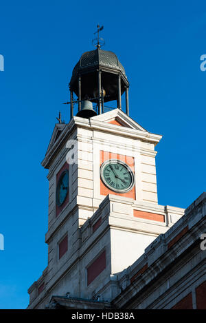 Clock tower of the main post office in Madrid, Casa de Correos, in the Puerta del Sol, Madrid, Spain, Iberian Peninsula, Europe. Stock Photo