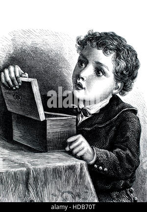 Inquisitive boy looking in box, illustration, from 1884 Chatterbox weekly children’s paper Stock Photo