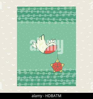 Christmas and New Year vintage ornate frame with little bird holding tree decoration in beak symbol. Doodle illustration greeting card. Hand drawn bac Stock Vector