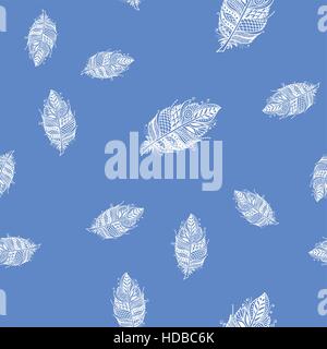 Seamless pattern with Rustic Ethnic decorative feathers, endless blue background. Hand drawn vintage vector design. Vector Sketch illustration. Vintag Stock Vector