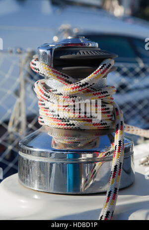 Winch with rope on the yacht, close-up Stock Photo