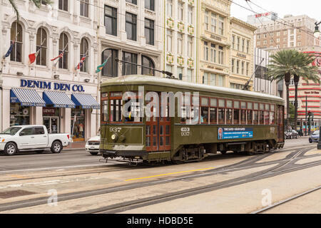 An RTA St Charles Line streetcar runs on Canal Street in New Orleans, Louisiana. Stock Photo