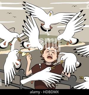 Vector illustration of a young boy getting mobbed by gulls after his icecream Stock Vector