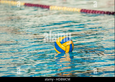 Water polo game ball floating on pool surface. Stock Photo