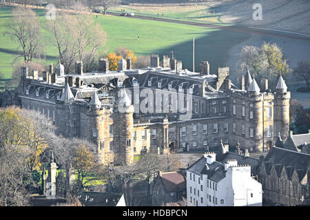 View from top of Carlton Hill Edinburgh looking down on Scottish Palace of Holyroodhouse official residence of the British monarch in Scotland uk Stock Photo