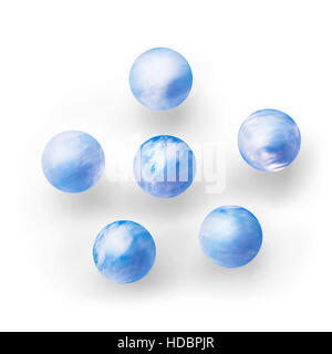 Group of blue clouds covered planet liked balls. Isolated on white with clipping path Stock Photo