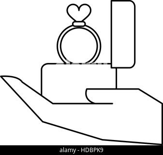 hand hold engagement box with ring heart outline Stock Vector