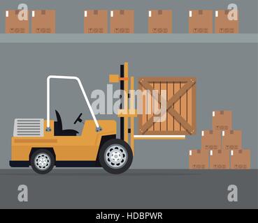 truck forklift warehouse machine work cardborad boxes Stock Vector