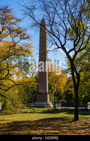 Egyptian obelisk also known as Cleopatra's Needle in autumn. Stone monolith in Central Park, New York City Stock Photo