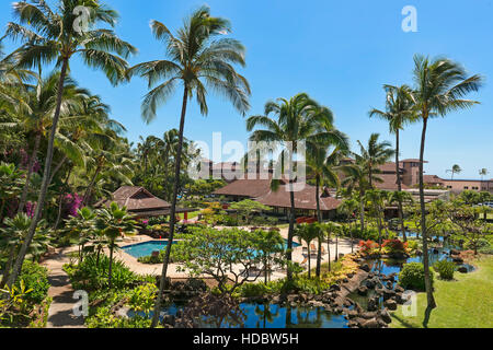 Hotel resort with pool and palm trees, Poipu, Koloa, Kaua&#39;i, Hawaii, USA Stock Photo