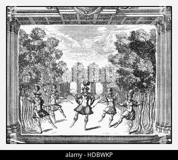 Renaissance ballet performance at stage in Heidelberg castle, year 1684 vintage engraving Stock Photo