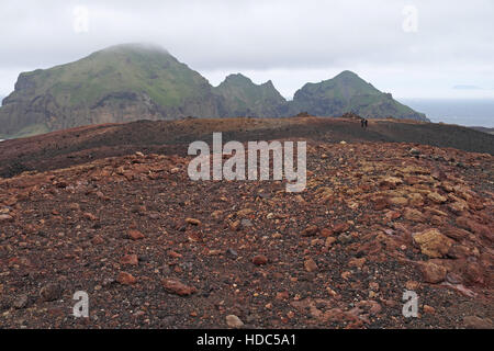 Brightly coloured volcanic rocks on Eldfell, which erupted in 1973, Heimaey, Vestmannaeyjar Islands, southern Iceland. Stock Photo