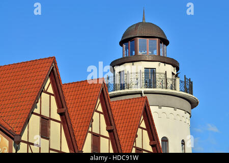 Lighthouse in the fishing village. Kaliningrad, formerly Kenigsberg, Russia Stock Photo