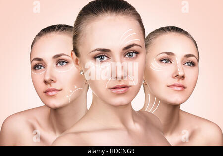 Three faces of young woman with lifting arrows Stock Photo