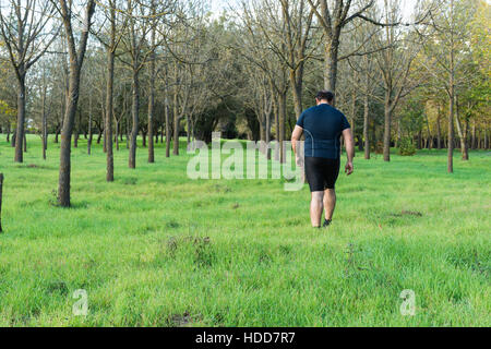 Big belly man jogging , exercising, doing cardio in the park , slightly overweight, loosing weight. On a lawn of green grass between trees without lea Stock Photo