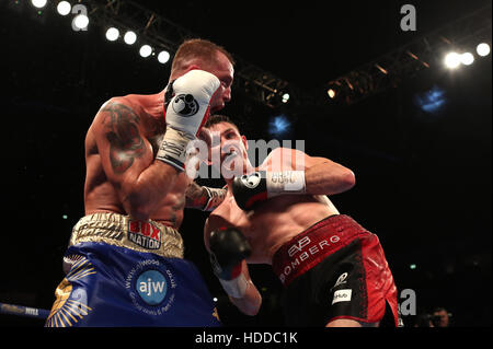 Callum Smith (right) in action against Luke Blackledge during their British Super-Middleweight Championship bout at the Manchester Arena. Stock Photo