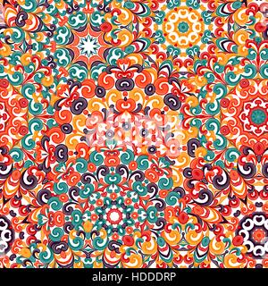 Seamless colorful ethnic pattern with mandalas in oriental style. Round doilies with green, orange, yellow, brown curls and swirls weaving in arabesqu Stock Vector