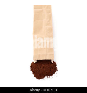 Craft paper pack full of ground coffee isolated over white background Stock Photo