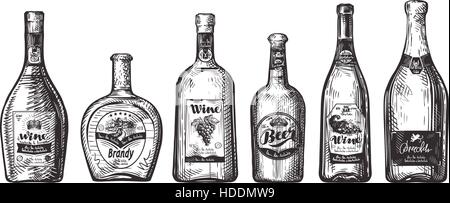 Set bottles for bar. Alcoholic beverages, drink such as wine, beer, brandy, champagne, whiskey, vodka Sketch vector illustration Stock Vector