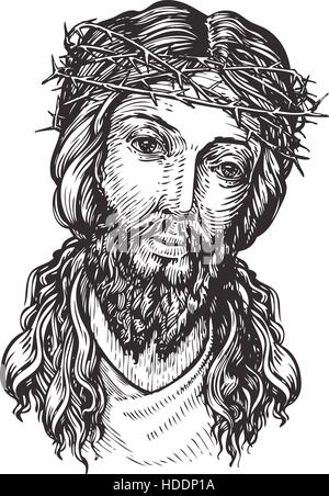 Jesus Christ with thorny wreath on his head. Sketch vector illustration Stock Vector