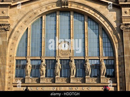 'Detail' from the facade of Gare du Nord ('North Station') the bussiest train station in Europe. Paris, France Stock Photo