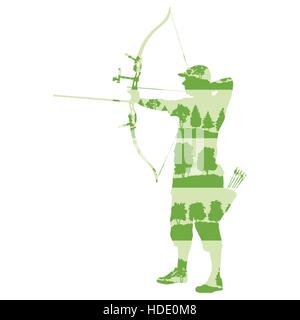 Archer man with bow and arrow vector background abstract illustration concept made of forest tree fragments isolated on white Stock Vector