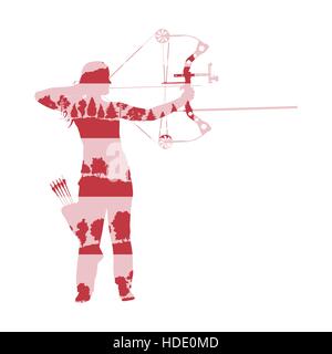 Archer woman with bow and arrow vector background abstract illustration concept made of forest tree fragments isolated on white Stock Vector