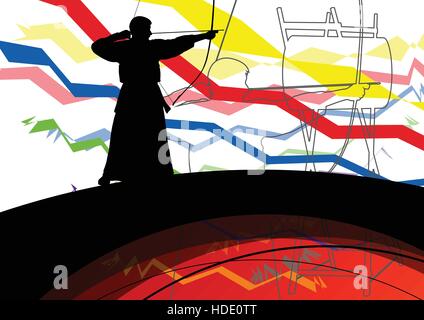 Japanese kendo active sport kyudo archer martial arts fighter bow silhouette abstract illustration background vector Stock Vector