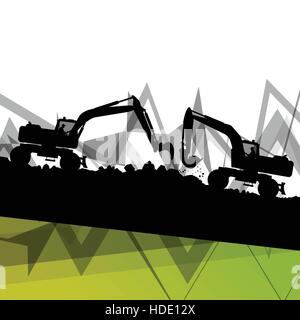 Digger excavator machinery digging action in construction site abstract vector background concept Stock Vector