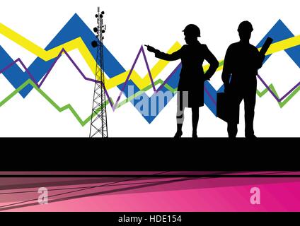 Economics data chart and engineers silhouettes and mobile phone telecommunications radio tower base station with in abstract background vector illustr Stock Vector