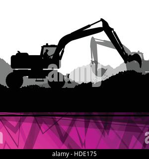 Digger excavator machinery digging action in construction site abstract vector background concept Stock Vector