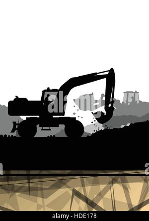 Digger excavator machinery digging action in construction site abstract vector background concept Stock Vector