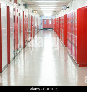 Red  school lockers at PS87 William T.Sherman School, Upper West Side, Manhattan, New York City. United States of America. Stock Photo