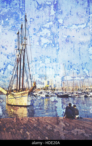 Young romantic couple sitting on wooden wharf n front of tall yachts at the Port De Barcelona, Spain. Vintage grunge texture. Stock Photo