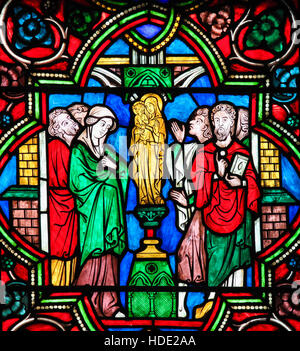 Stained Glass in Notre Dame Cathedral of Paris depicting the Adoration of the Blessed Virgin Mary Stock Photo