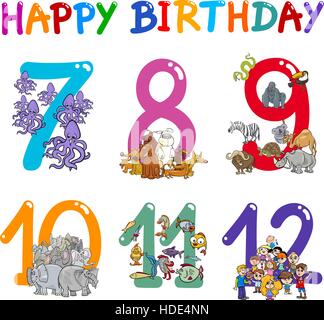 Cartoon Illustration Design of the Birthday Greeting Cards Set for Kids and Teens Stock Vector