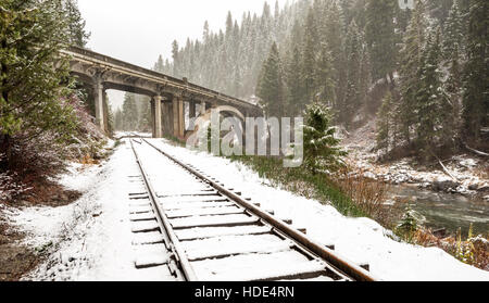 Classic bridge leads over Payette river in winter Stock Photo