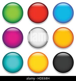 Glossy colorful circle, sphere, orb icons with blank space in 9 color Stock Vector
