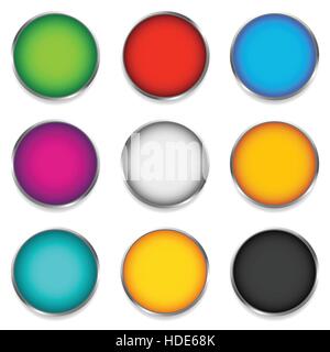 Glossy colorful circle, sphere, orb icons with blank space in 9 color Stock Vector