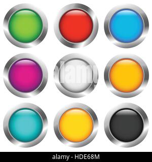 Glossy colorful circle, sphere, orb icons with blank space in 9 color Stock Vector
