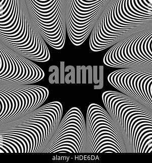Abstract element with radiating lines. Monochrome concentric, radial pattern. Distortion, deformation effect on circular shape. Stock Vector