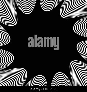Abstract element with radiating lines. Monochrome concentric, radial pattern. Distortion, deformation effect on circular shape. Stock Vector
